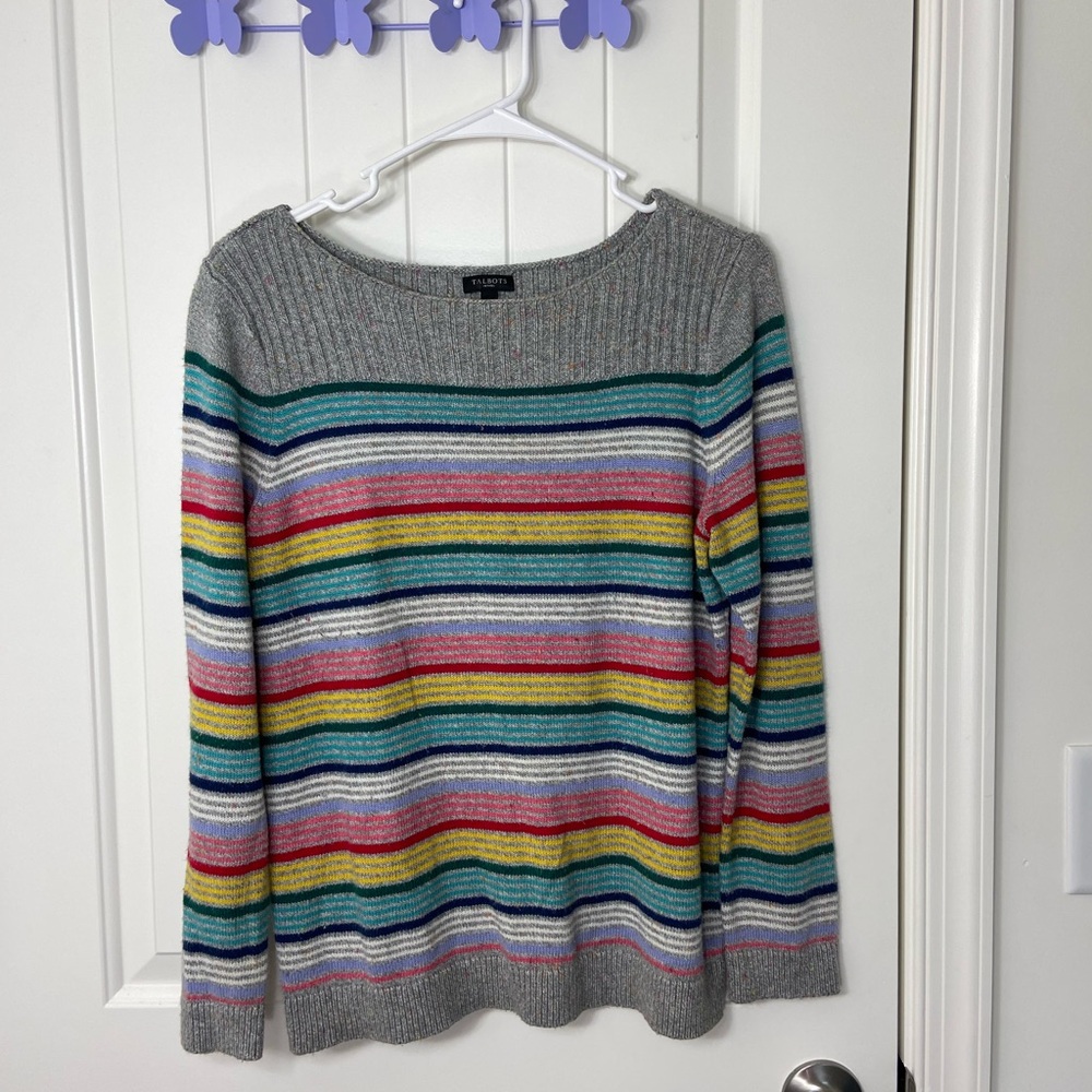 EUC Talbots women’s multicolor speckled gray striped wide neck warm knit sweater